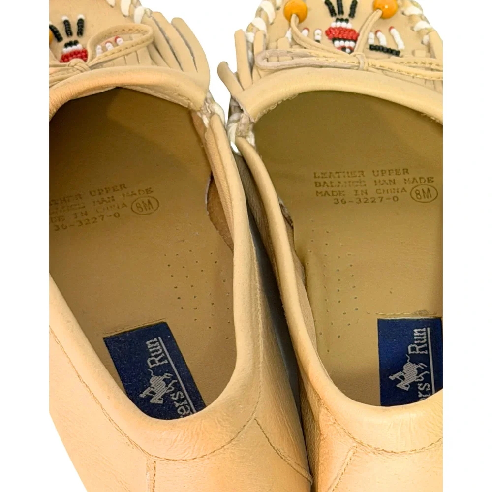 Hunter's Run Sz 8 Beaded Moccasins Classic Kiltie Fringe Beige Boho Cowgirl Vtg